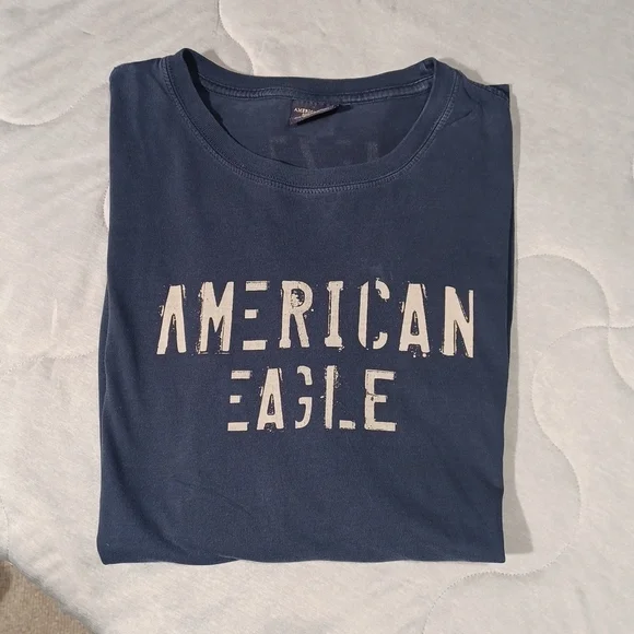 AMERICAN EAGLE OUTFITTERS MENS SZ XL LONG SLEEVE BLUE TEE SHIRT WITH TAN PRINT - Picture 1 of 6